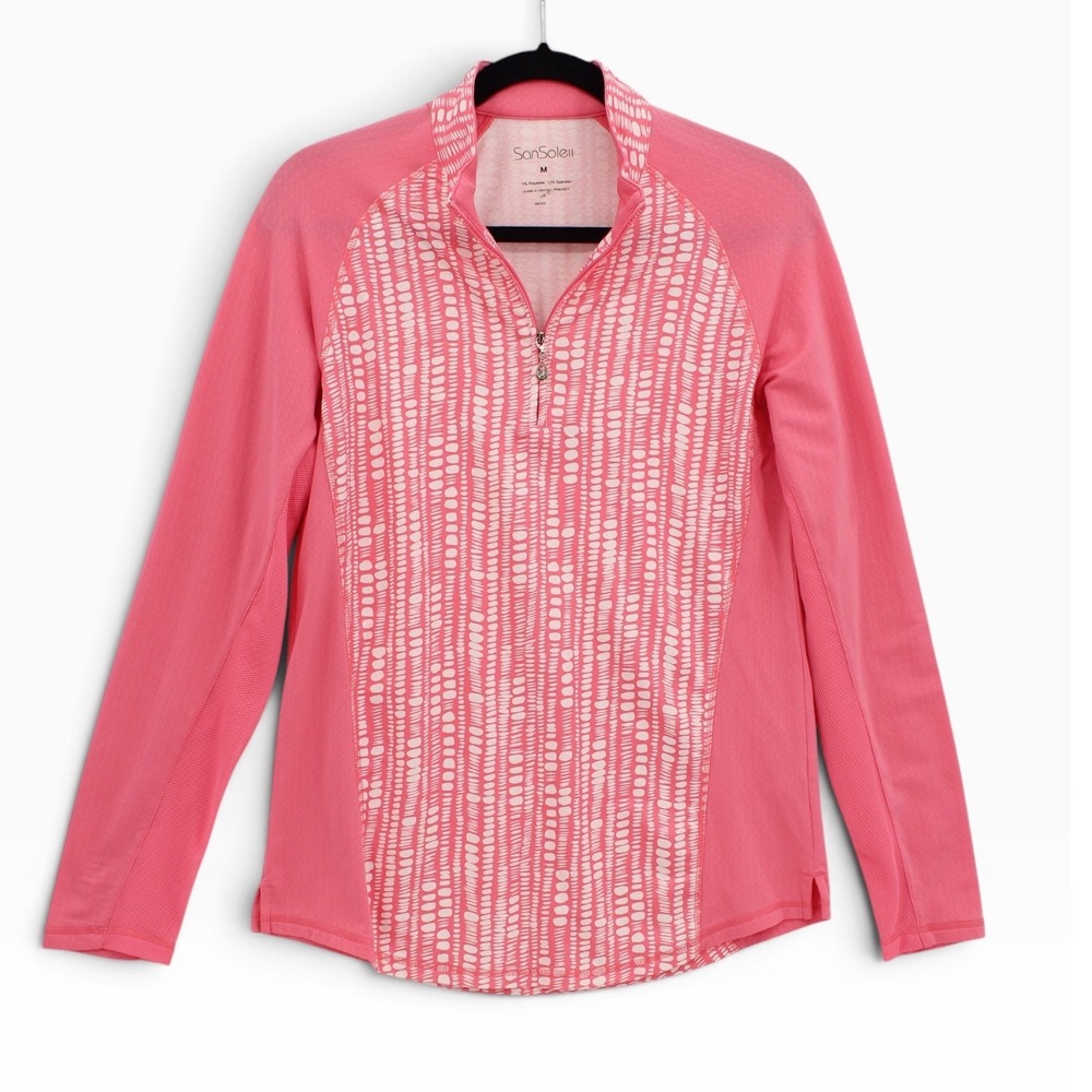 SanSoleil SolCool 1/4 Zip Top Womens Medium Pink Geometric Mesh Panel